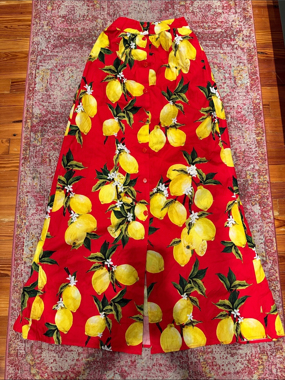 Lulumari Red Maxi Skirt with Yellow Lemon Print